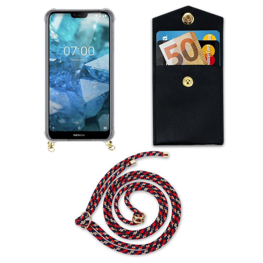 Ein Smartphone mit Hülle, eine schwarze Brieftasche mit Karten und ein geflochtenes Lanyard.