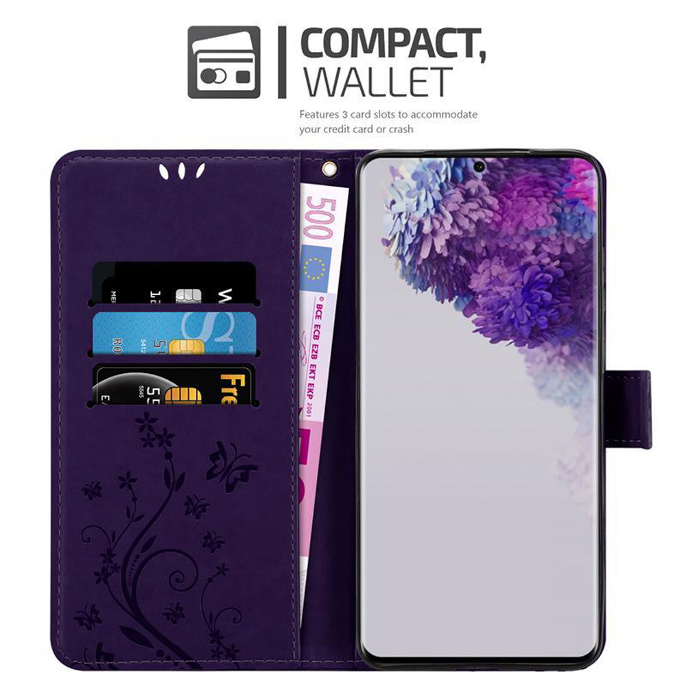 Lila Wallet-Hülle mit Handy, Karten und 500-Euro-Schein.