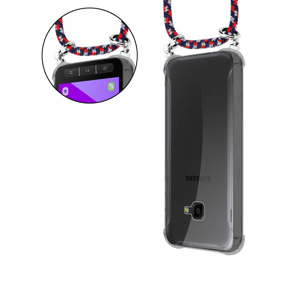 Un telefono trasparente con laccetto rosso/blu, su sfondo bianco.