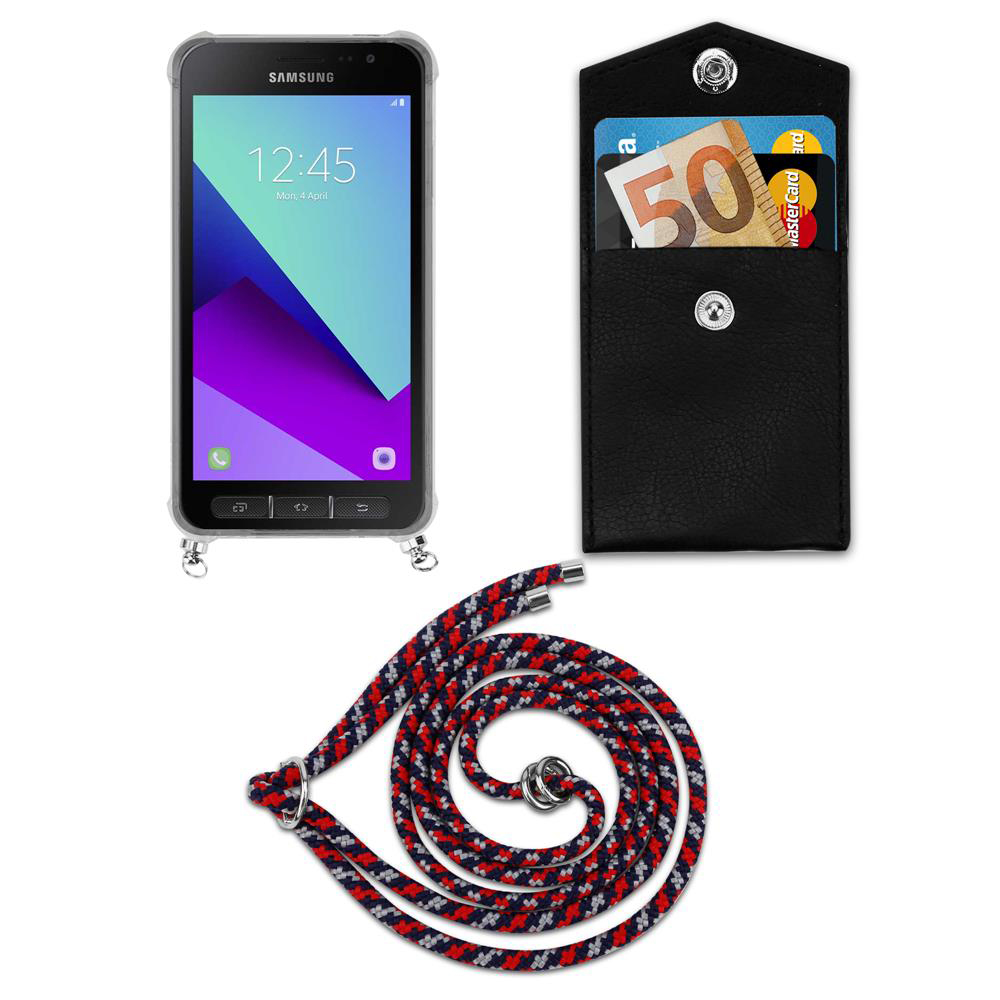Uno smartphone Samsung, un portafoglio nero con banconota da 50 euro e carte di credito, e un cordino.