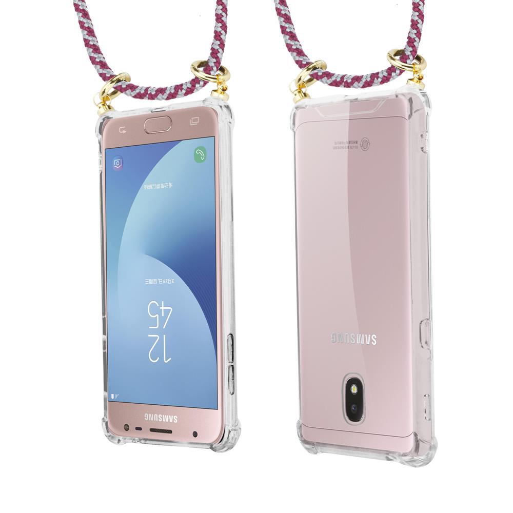 Due telefoni Samsung rosa in custodie trasparenti con cordini.