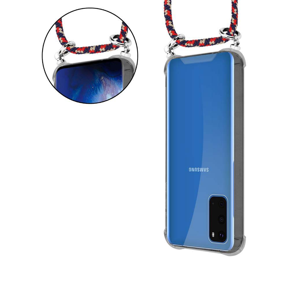 Una custodia trasparente per un telefono Samsung con retro blu e cordino.
