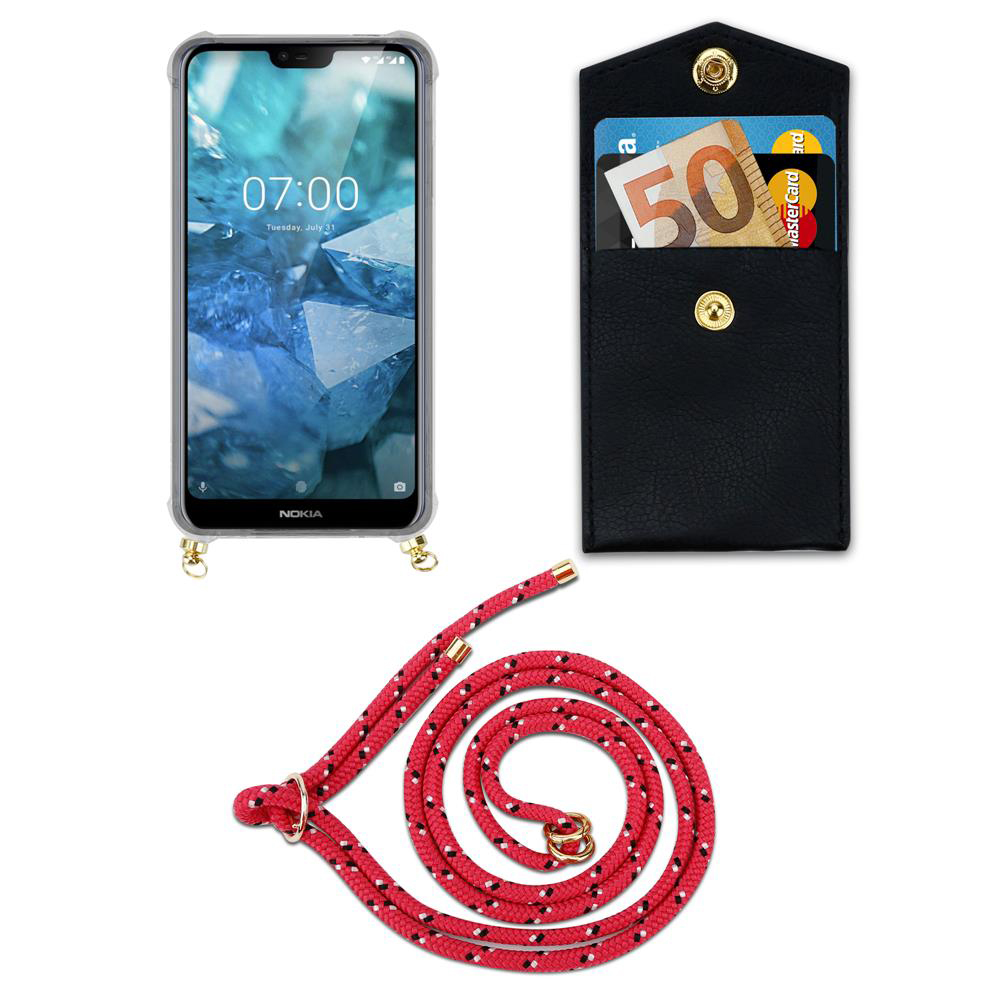 Ein Smartphone mit Hülle, eine schwarze Tasche mit Karten und Geld, und eine rote Kordel.