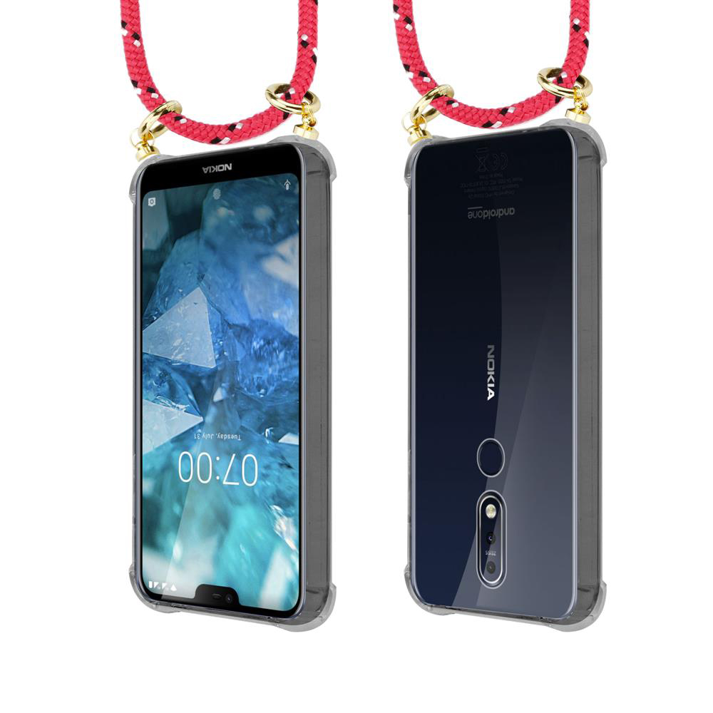 Zwei Nokia-Handys im transparenten Gehäuse mit roter Kordel und goldenen Beschlägen.