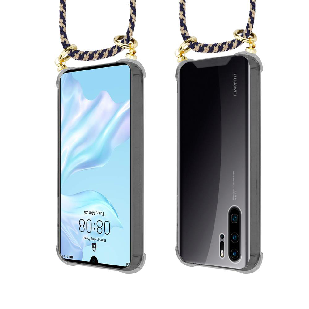 Uno smartphone in custodia trasparente con laccetto, viste fronte e retro.