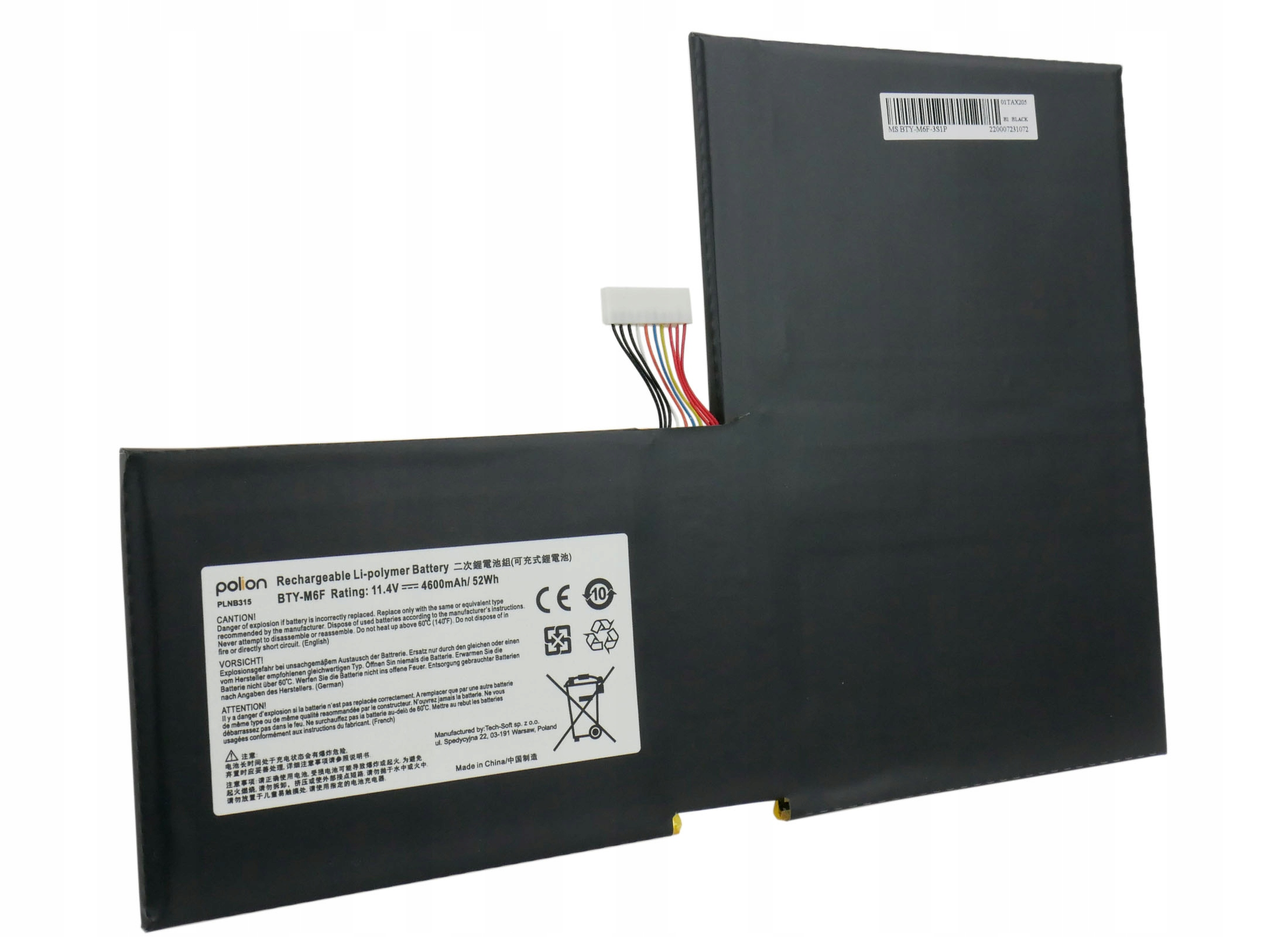 Czarny akumulator Li-polimerowy z białym złączem i przewodami. Widoczne detale etykiety.