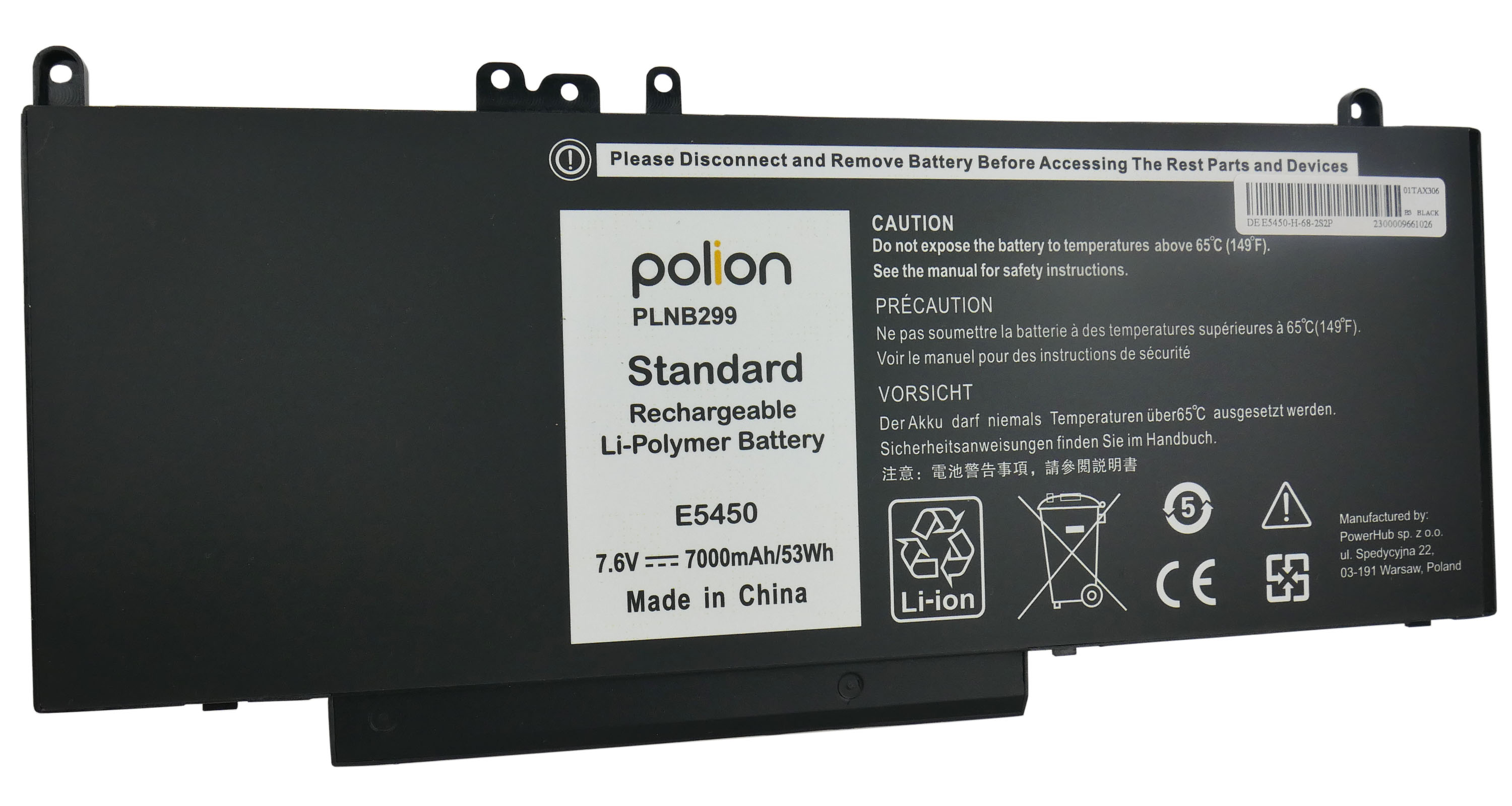 Czarna bateria do laptopa z napisem: Polion, 7.6V 7000mAh, Made in China.