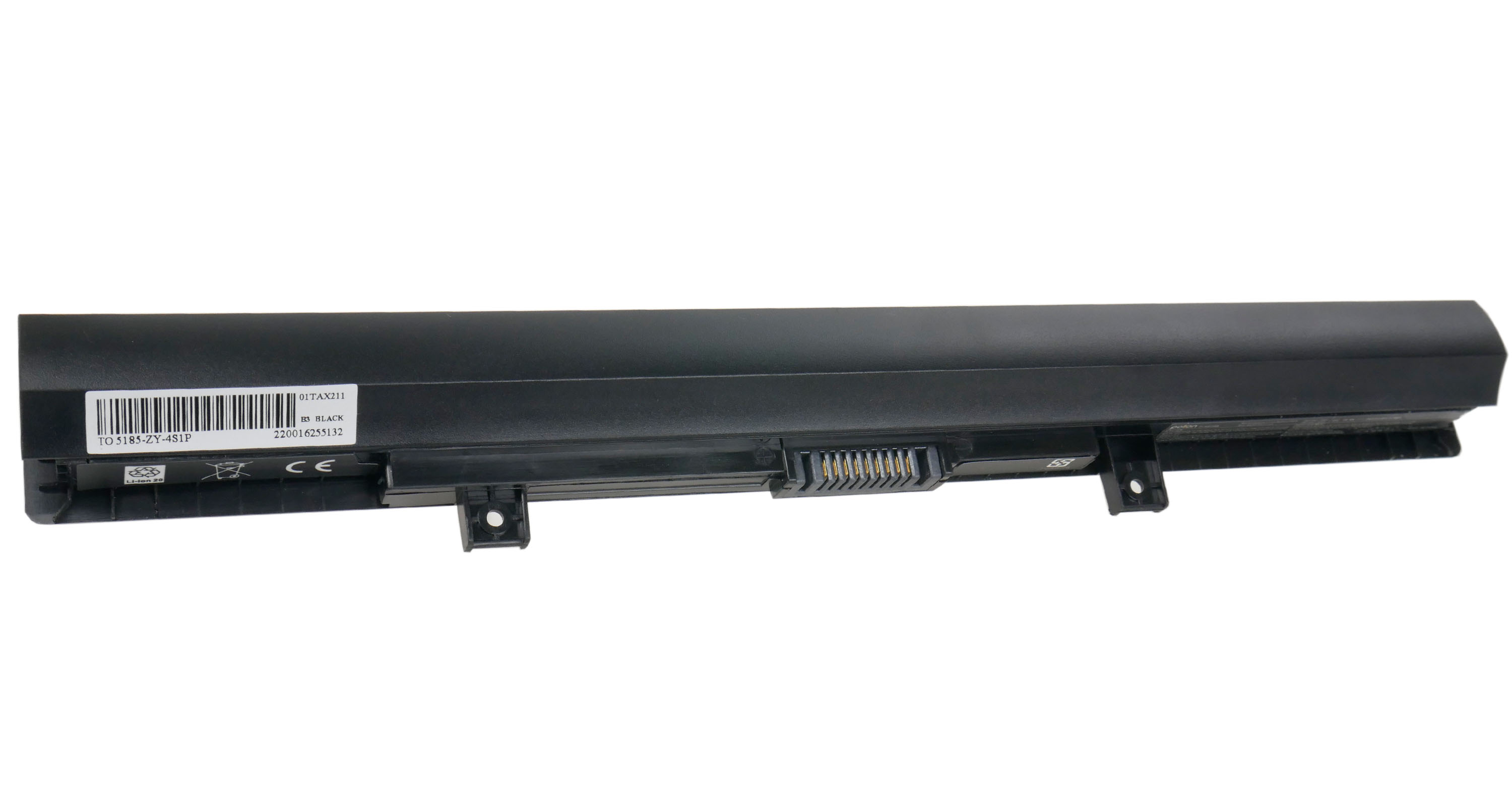 Czarna bateria do laptopa z etykietą i złączami, na białym tle.