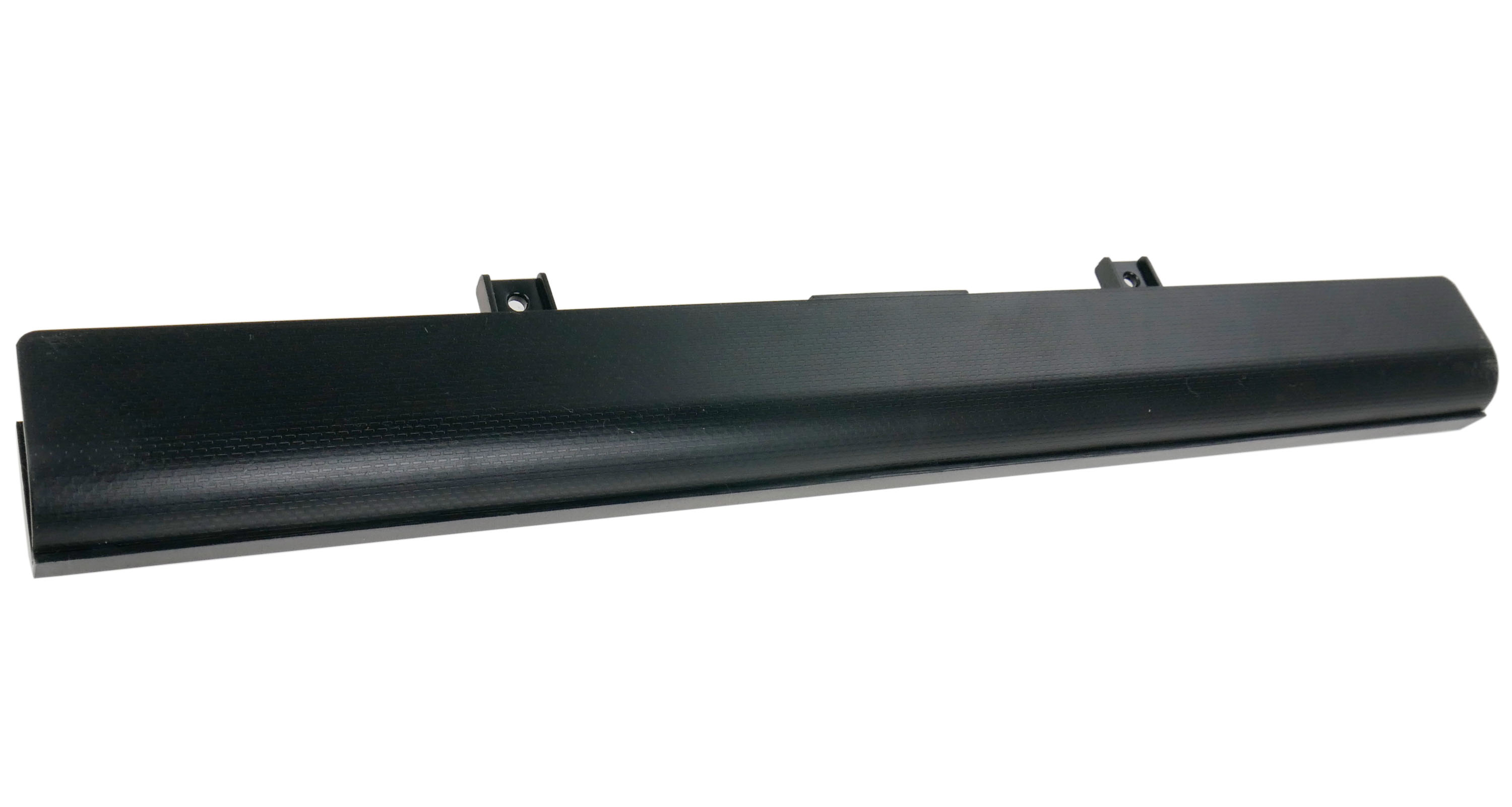 Czarna bateria do laptopa z teksturowaną powierzchnią i klipsami.