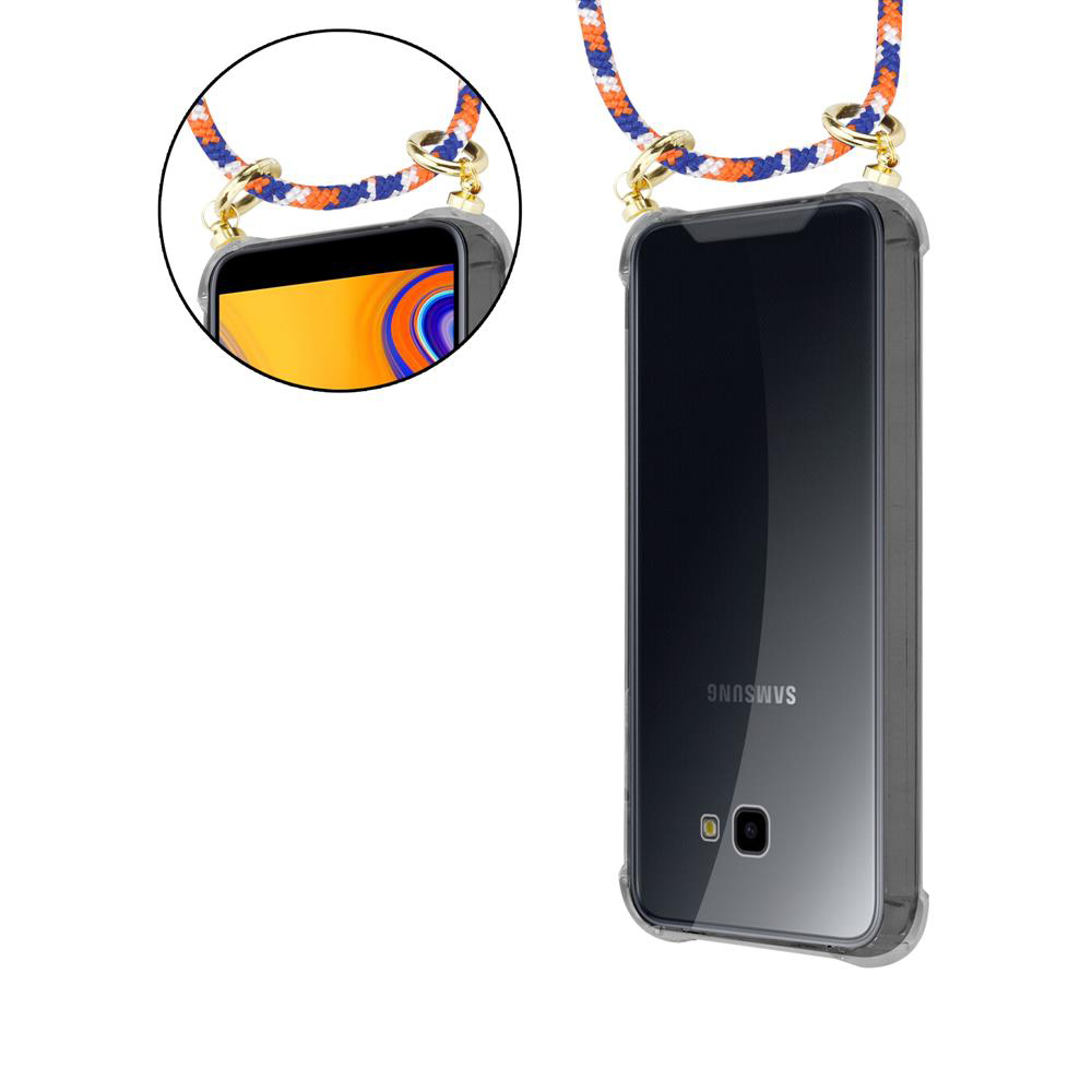 Uno smartphone in una custodia trasparente con un cordino attaccato in alto.