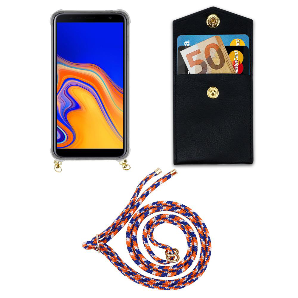 Smartphone con custodia, portafoglio con soldi e carte, cordino.