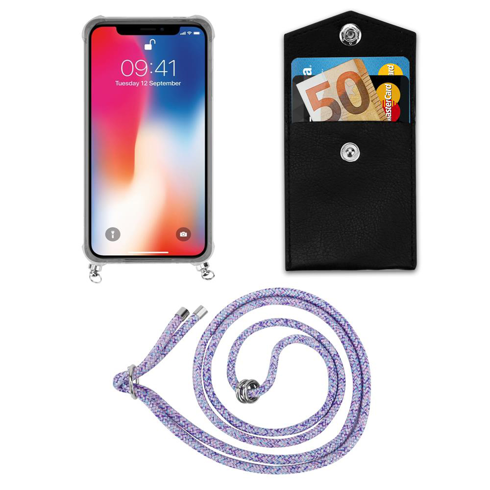 Uno smartphone in custodia, un portafoglio nero con banconota da 50 euro e cordino viola.