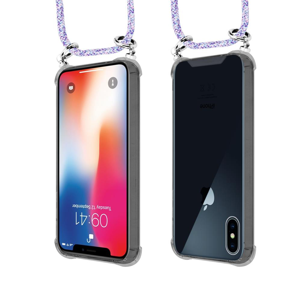 Due iPhone in custodie trasparenti con laccetti. Uno mostra la schermata di blocco, l'altro il retro.