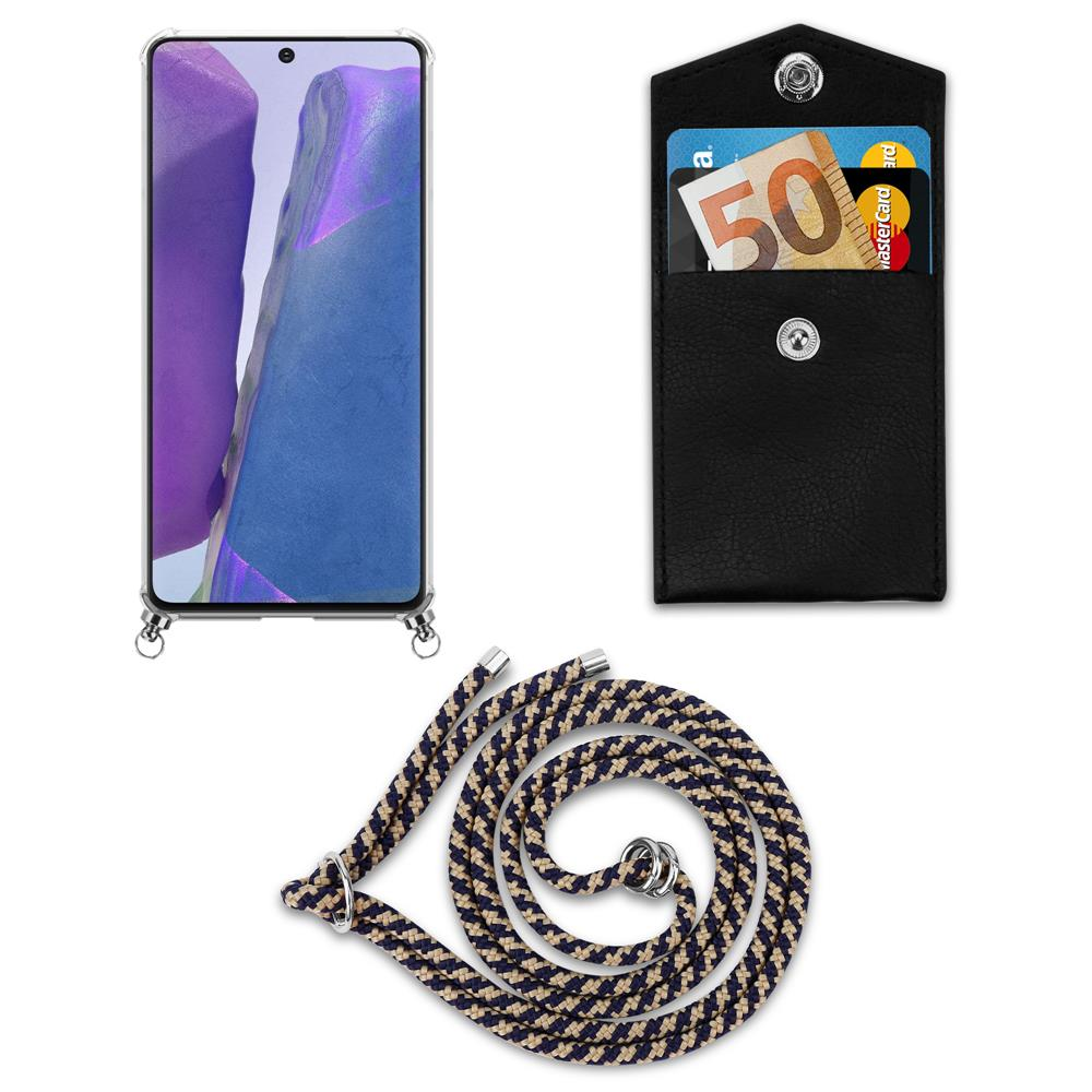 Smartphone in custodia, portafoglio con 50 euro e carta, corda su sfondo bianco.