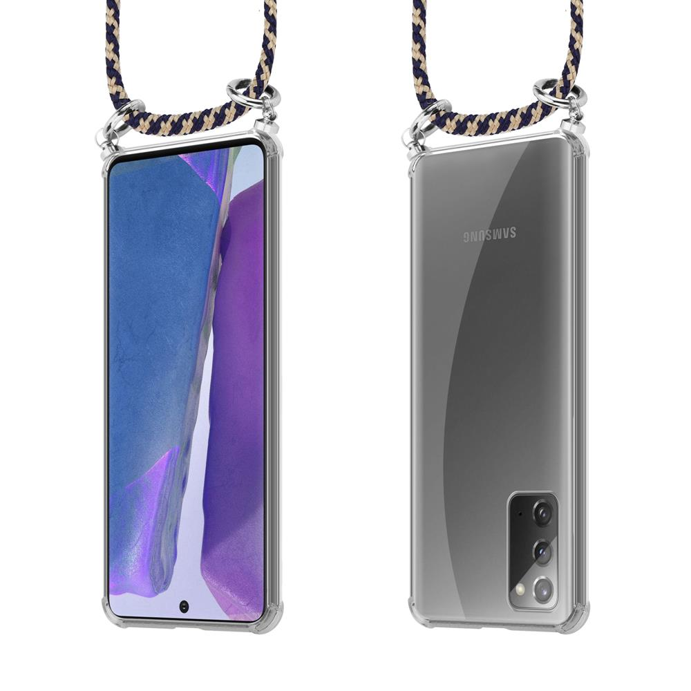 Uno smartphone in una custodia con laccetto, vista frontale e posteriore.