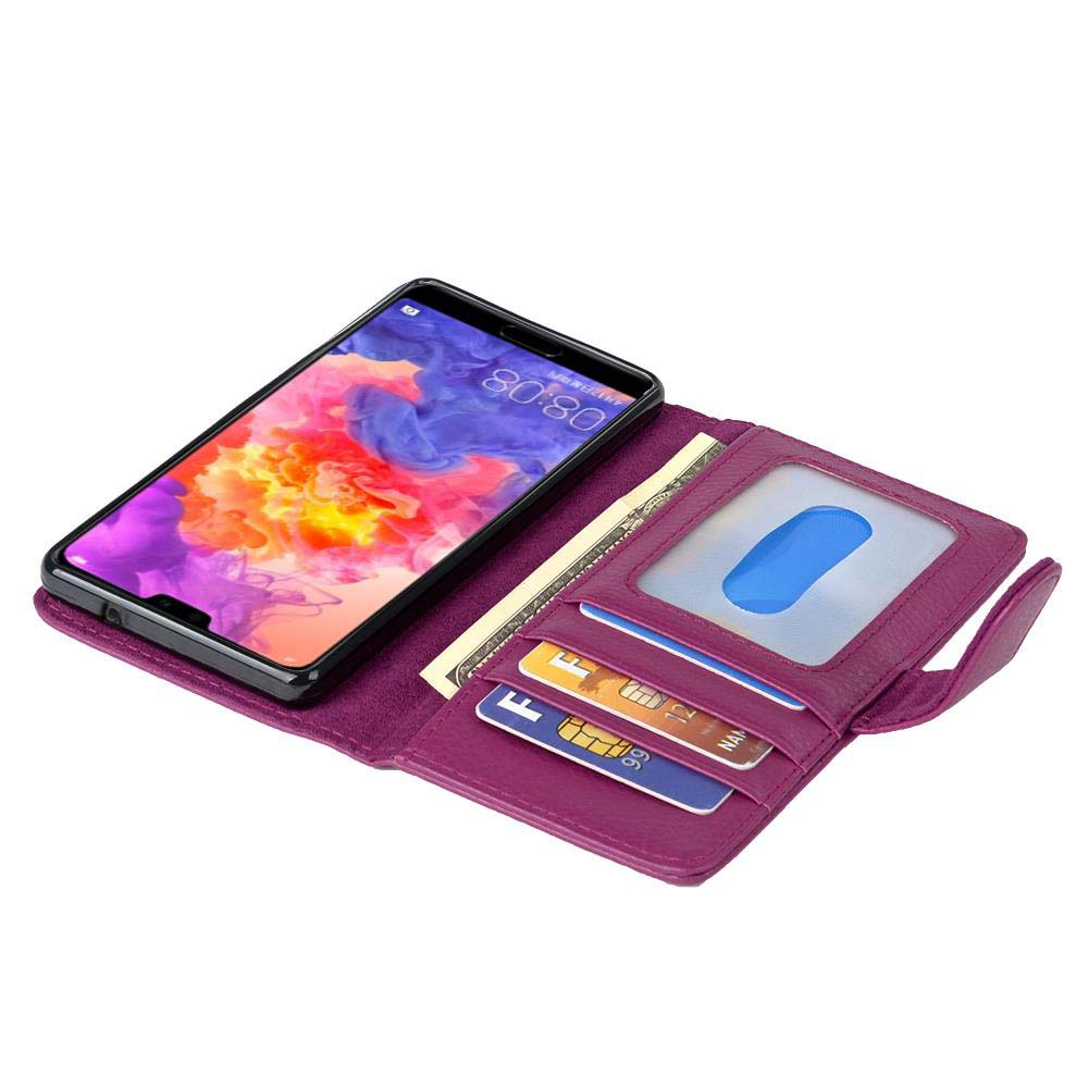 Custodia viola per telefono con smartphone, carte e banconota.