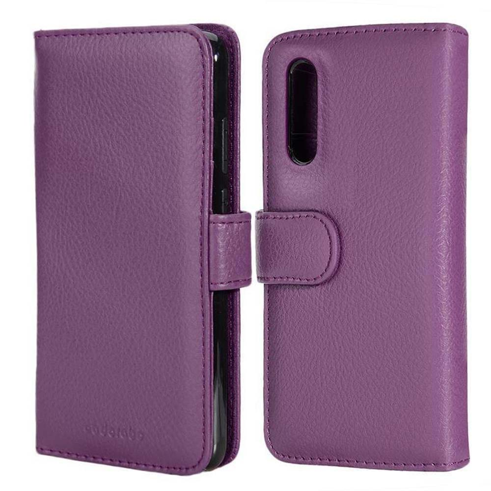 Una custodia per telefono in pelle viola con due scomparti e una chiusura.