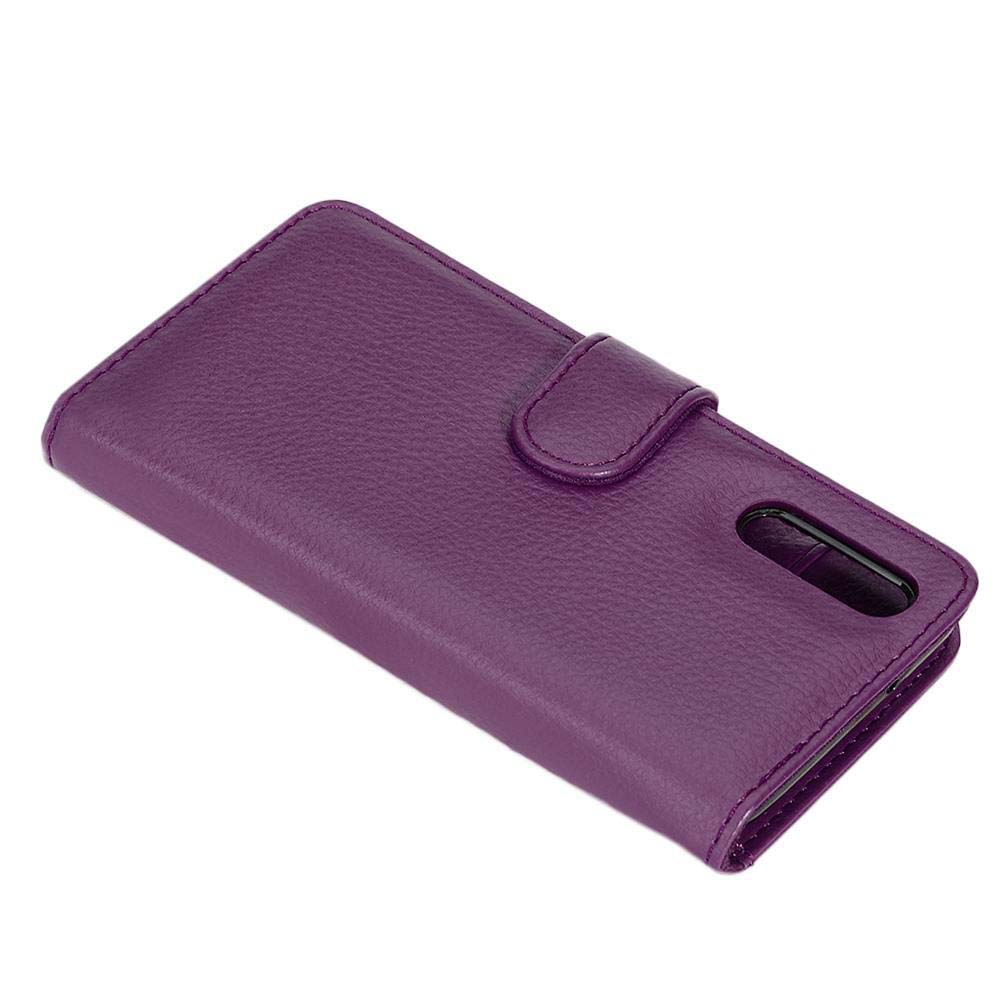 Custodia a portafoglio in pelle viola per smartphone con chiusura e ritaglio fotocamera.