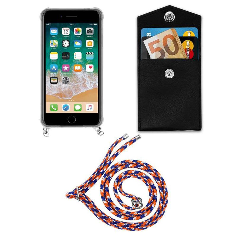Uno smartphone in custodia, un portafoglio nero con soldi e carte, e un cordone.