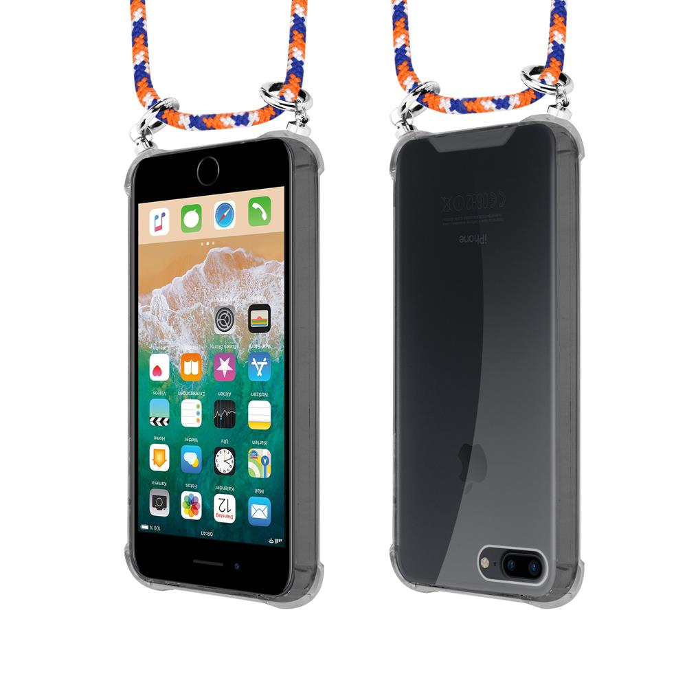 Un iPhone in custodia trasparente con cordino colorato, vista frontale e posteriore.