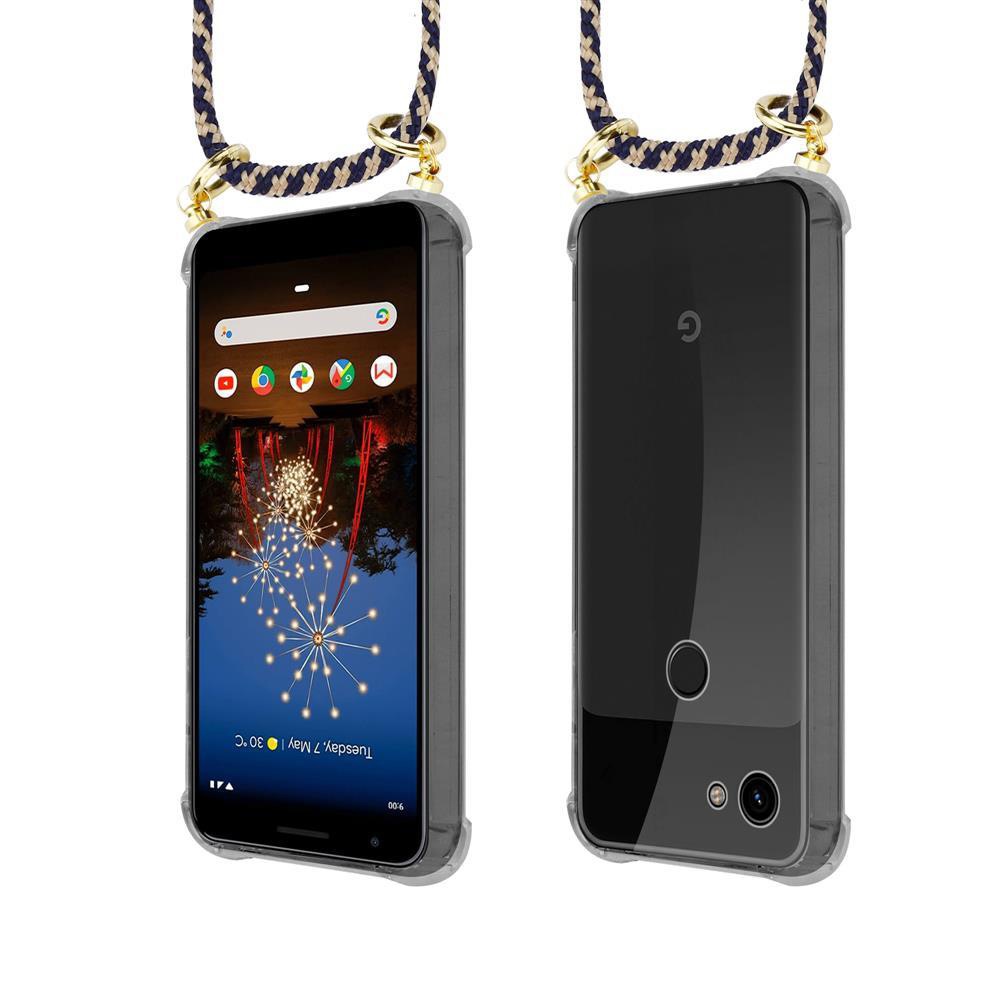 Zwei Ansichten eines Smartphones mit einem Lanyard, vorne und hinten.