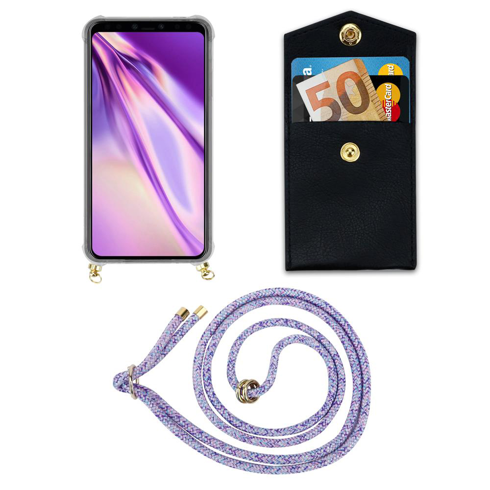 Smartphone mit Hülle, Kartenetui mit Geld und Karten, lila Kordel.