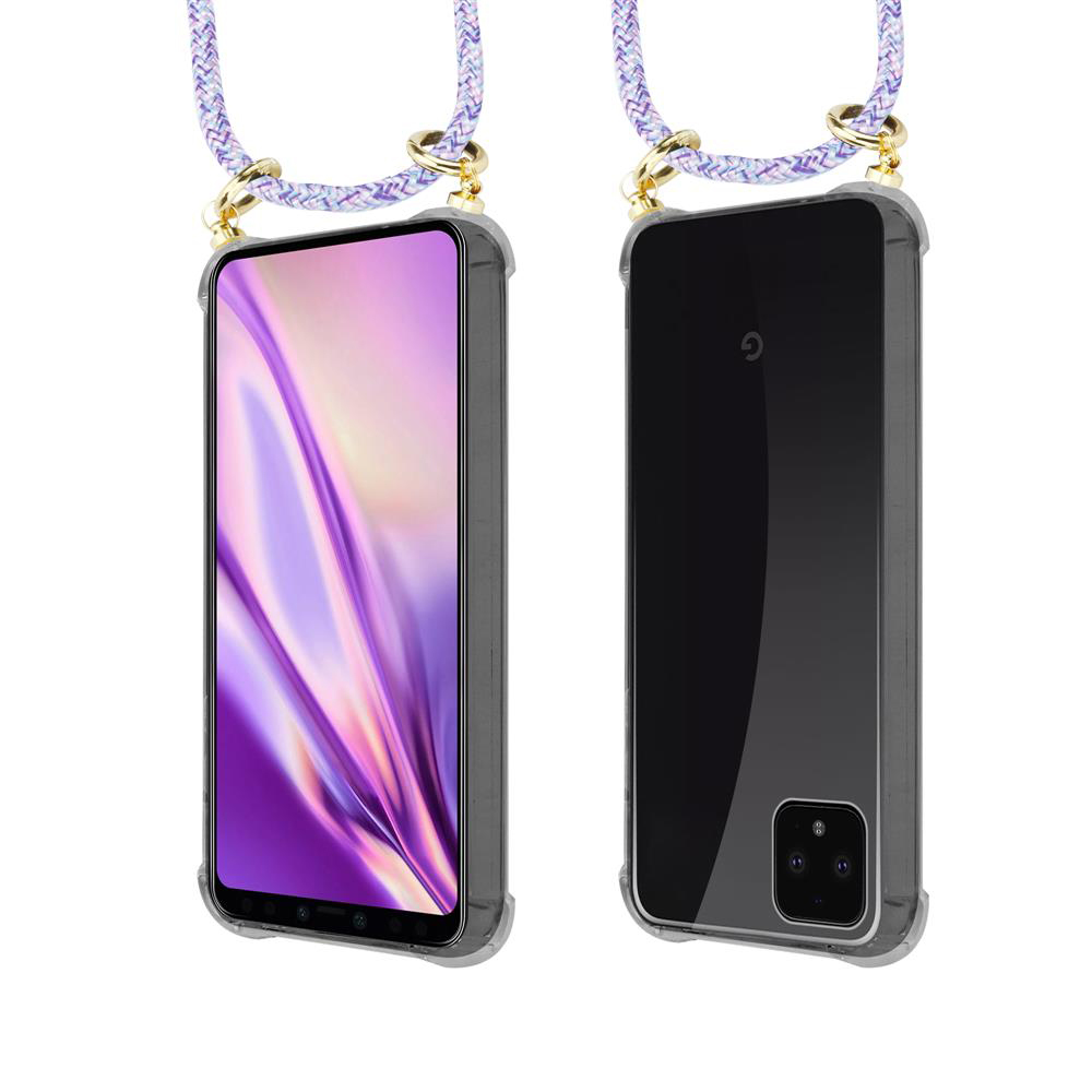 Ein Smartphone mit einem transparenten Case und einer Kordel, Vorder- und Rückseite.