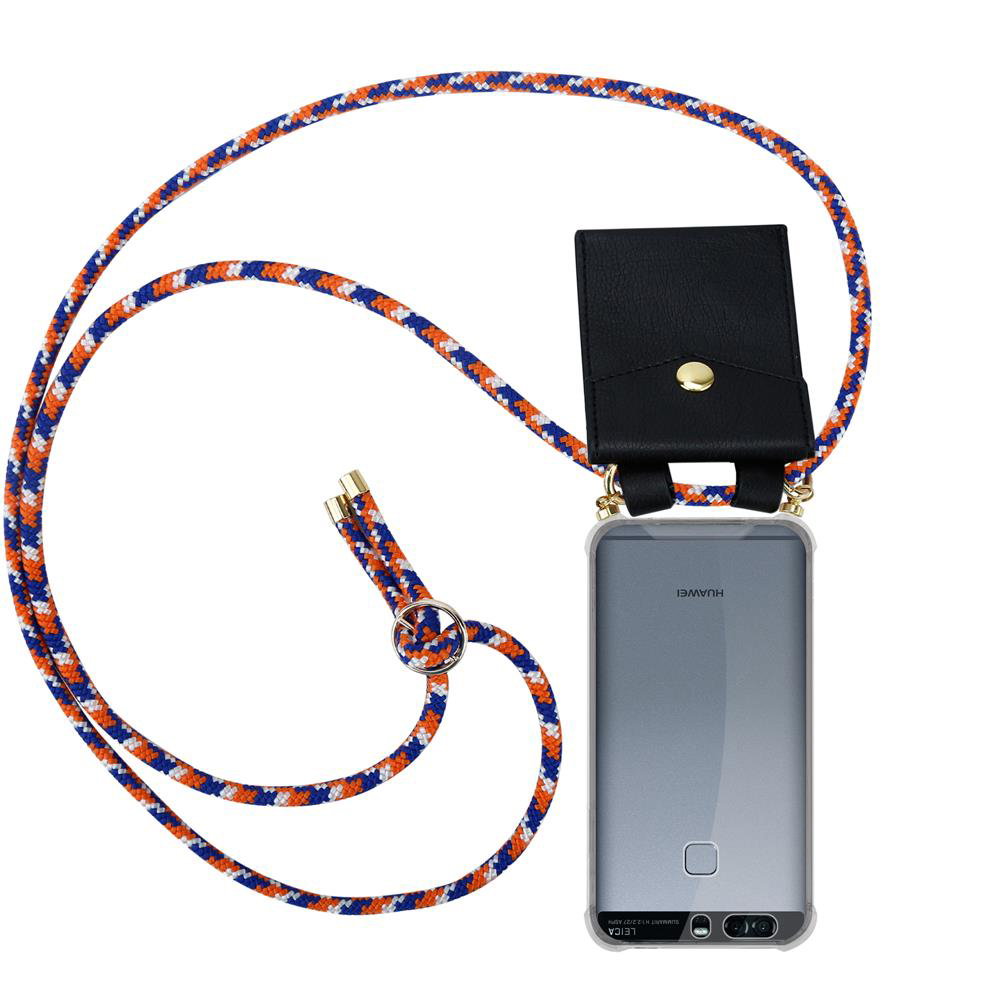 Smartphone mit blau-orange-weißer Kordel und schwarzer Handyhülle.
