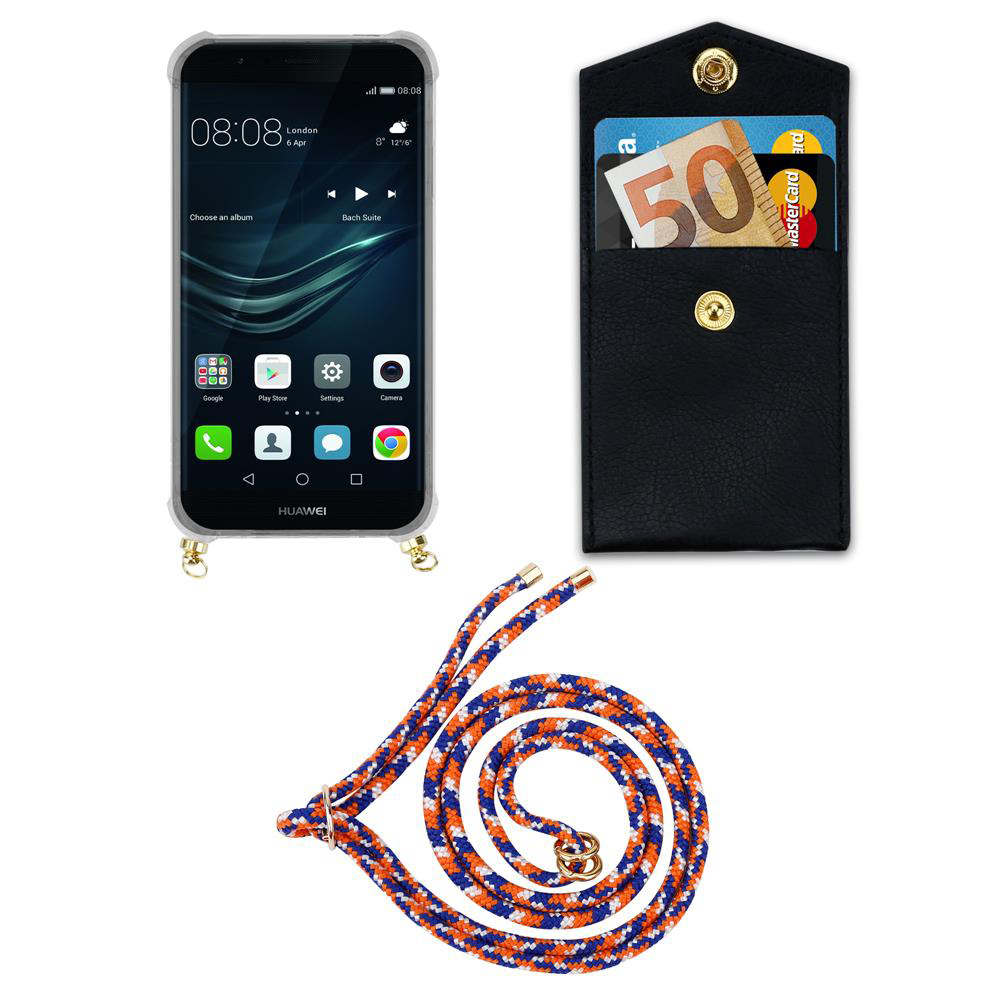 Ein Huawei Smartphone mit einer schwarzen Brieftasche, Karten und Geldscheinen, und eine bunte Kordel.