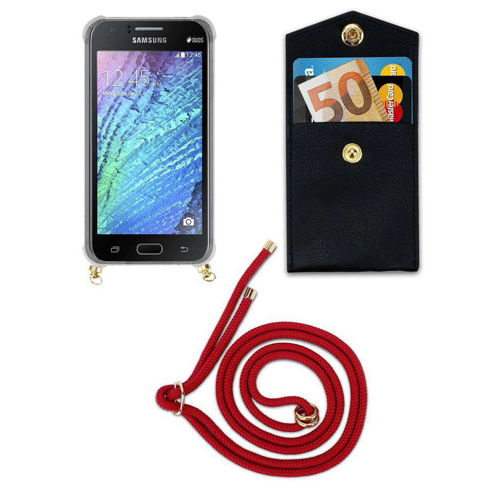 Uno smartphone con un cordone rosso e una custodia porta carte nera.