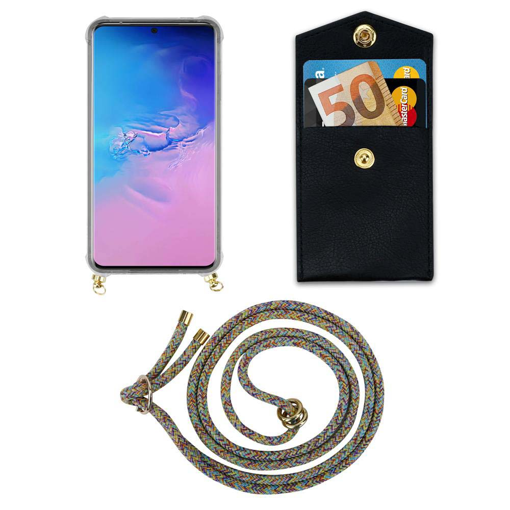 Uno smartphone in una custodia, una tasca porta carte nera con soldi e carte, e un cordino colorato.