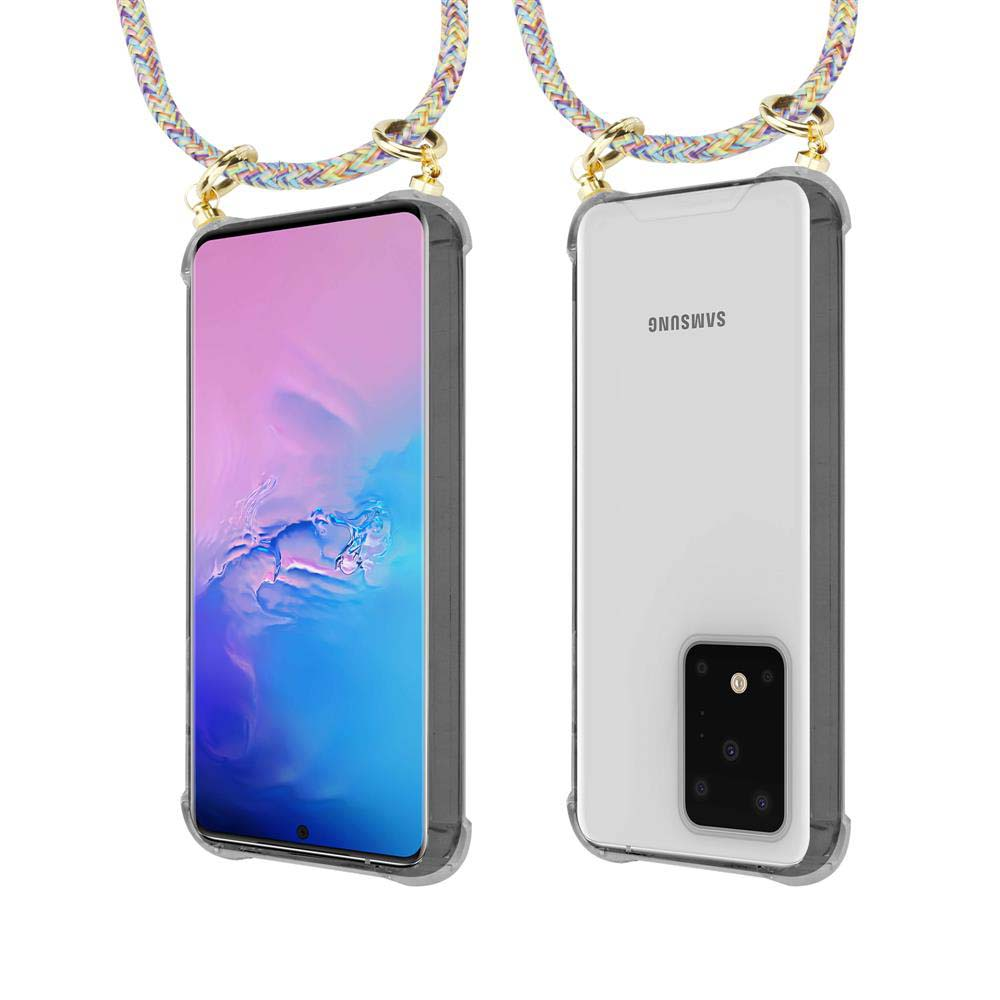 Uno smartphone con cinturino colorato, mostrato fronte e retro.