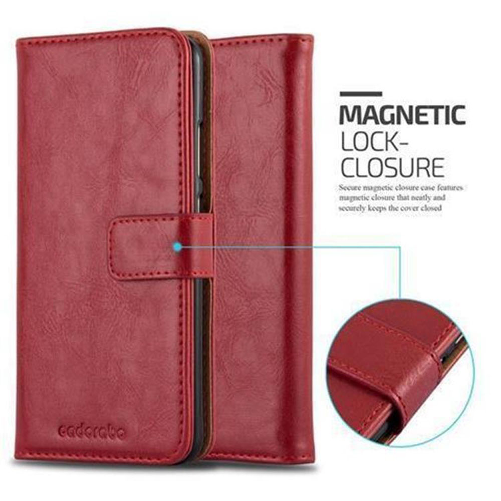 Rote Leder-Handyhülle mit Magnetverschluss und Logo. Detailansicht des Verschlusses.