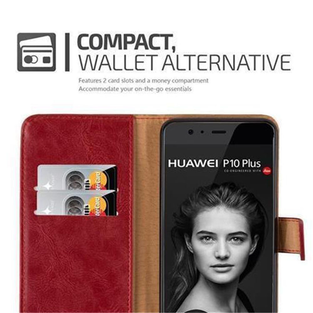 Rote Brieftasche mit zwei Kartenschlitzen und einem Huawei P10 Plus.