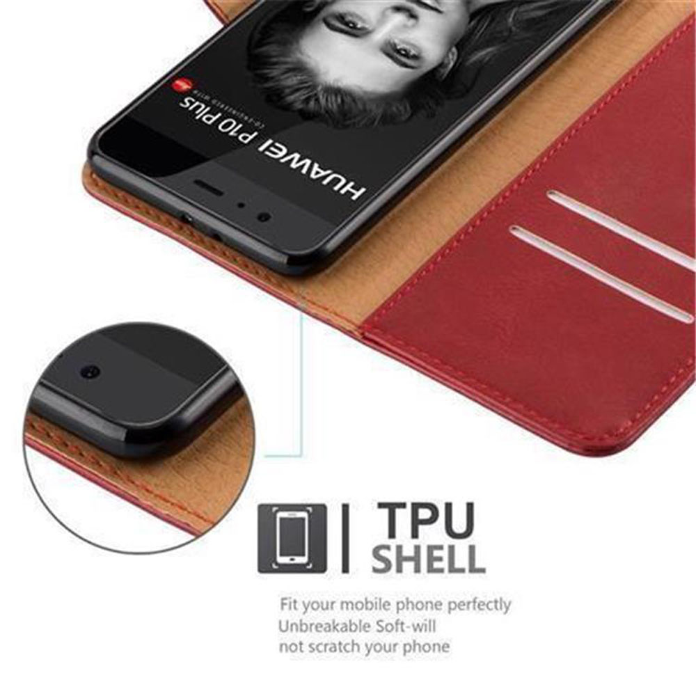 Ein rotes Huawei P10 Plus Handy in einer Hülle mit Text.