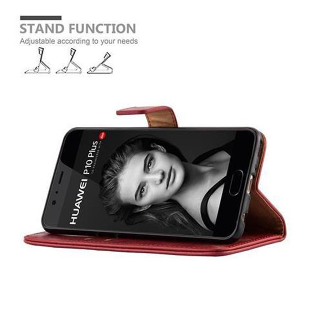 Ein rotes Klapphandy-Etui mit Huawei P10 Plus und einem Frauengesicht auf dem Bildschirm.