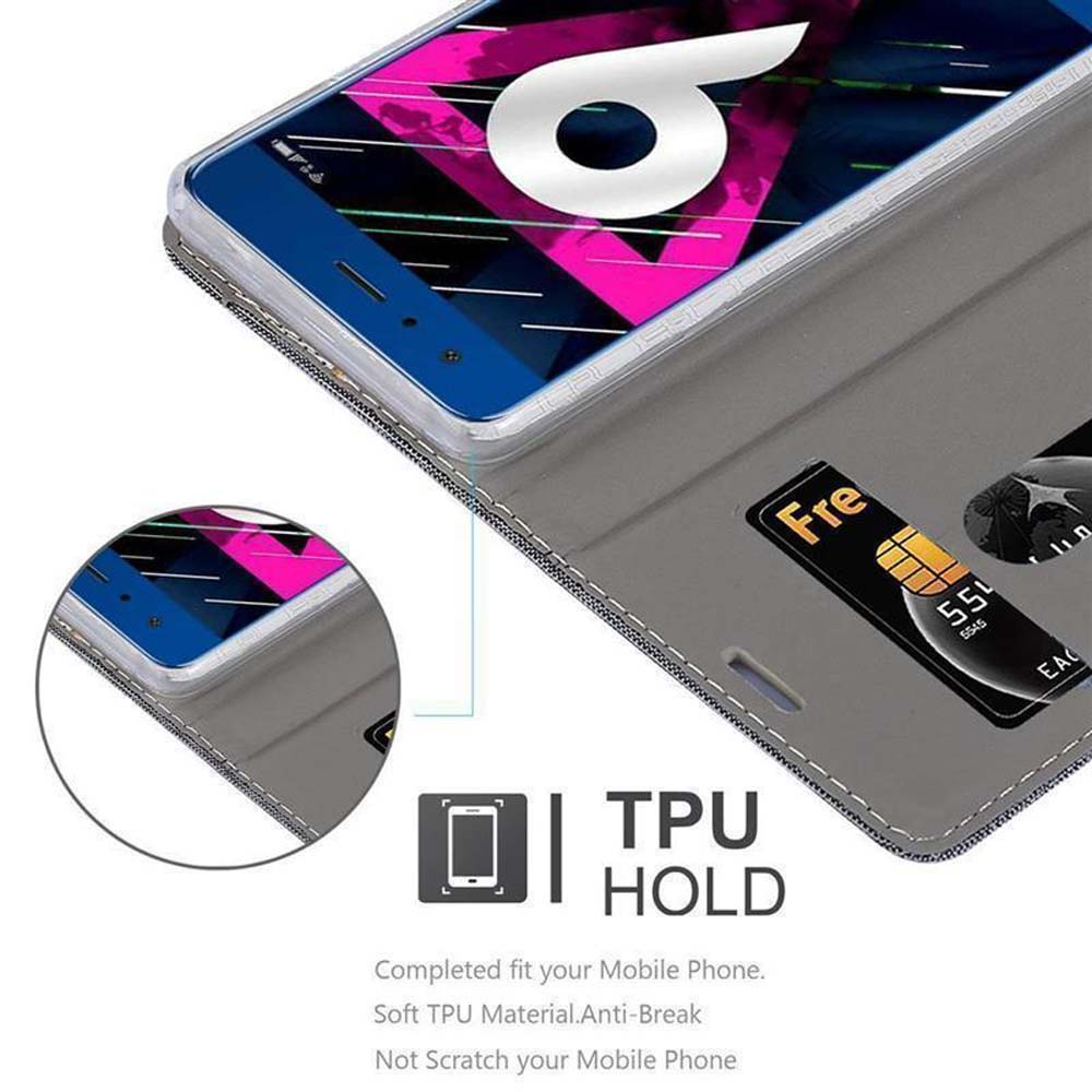 Custodia grigia per telefono con slot per carte. Lo schermo del telefono mostra un grande 6.