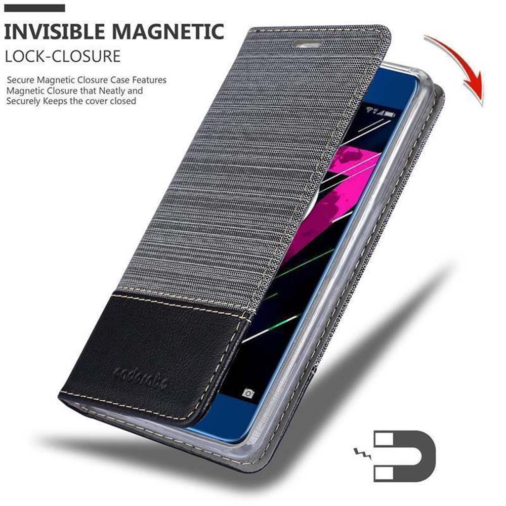 Custodia grigia per telefono con pelle nera, chiusura magnetica. Mostra l'interno del telefono.