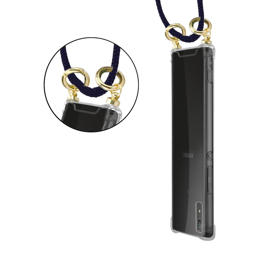 Ein Smartphone in einer transparenten Hülle mit einem blauen Band und goldenen Ringen.