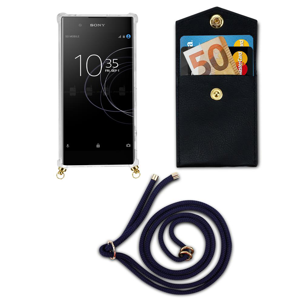 Smartphone mit Hülle, Portemonnaie mit Geld und Karten, und eine Lanyardschnur.