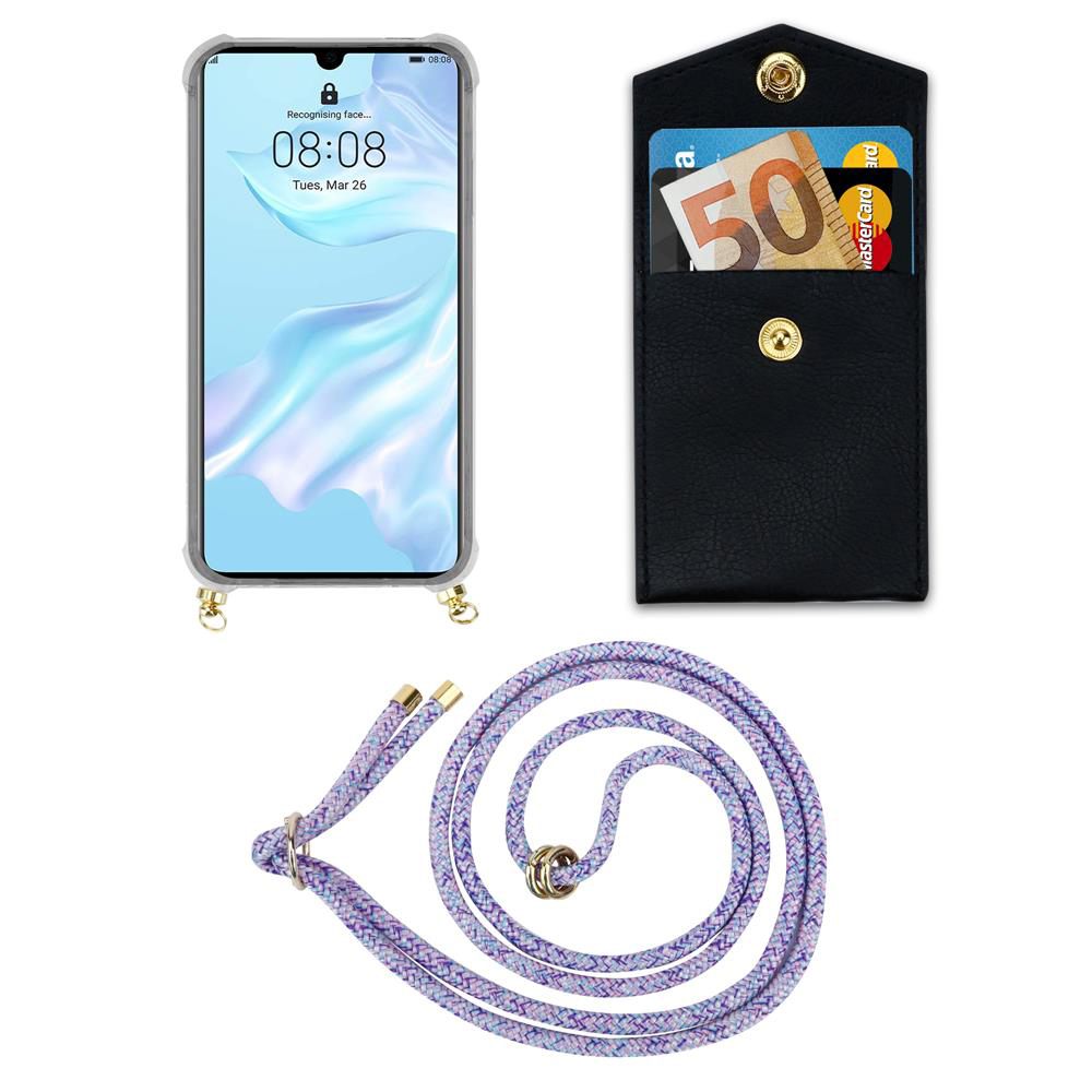 Uno smartphone in custodia, un portafoglio nero con soldi e carte, e un laccio.