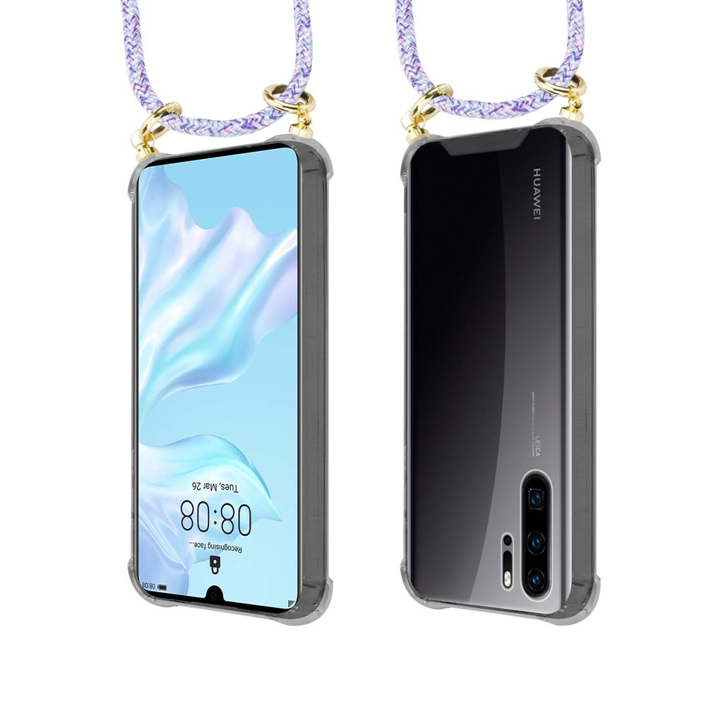 Due smartphone Huawei con laccetto da collo, vista frontale e posteriore.