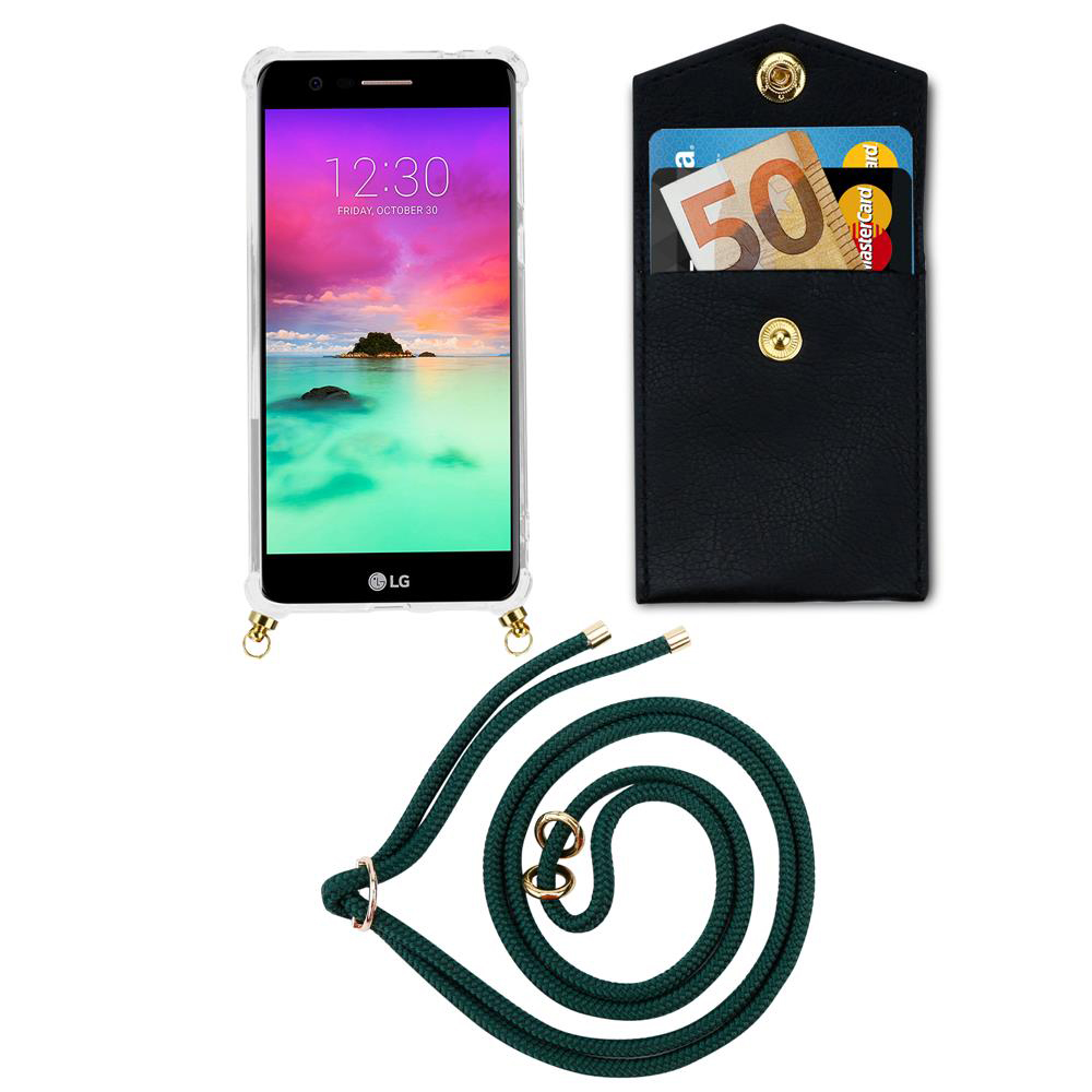 LG-Handy in Hülle mit Geldbeutel-Tasche für Bargeld und Karten, und grüne Trageschlaufe.