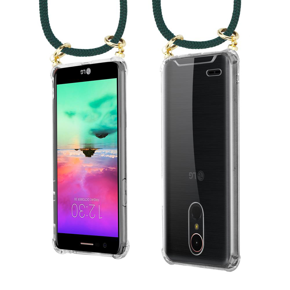 Ein LG-Smartphone mit transparentem Case und Kordel, Vorder- und Rückansicht.