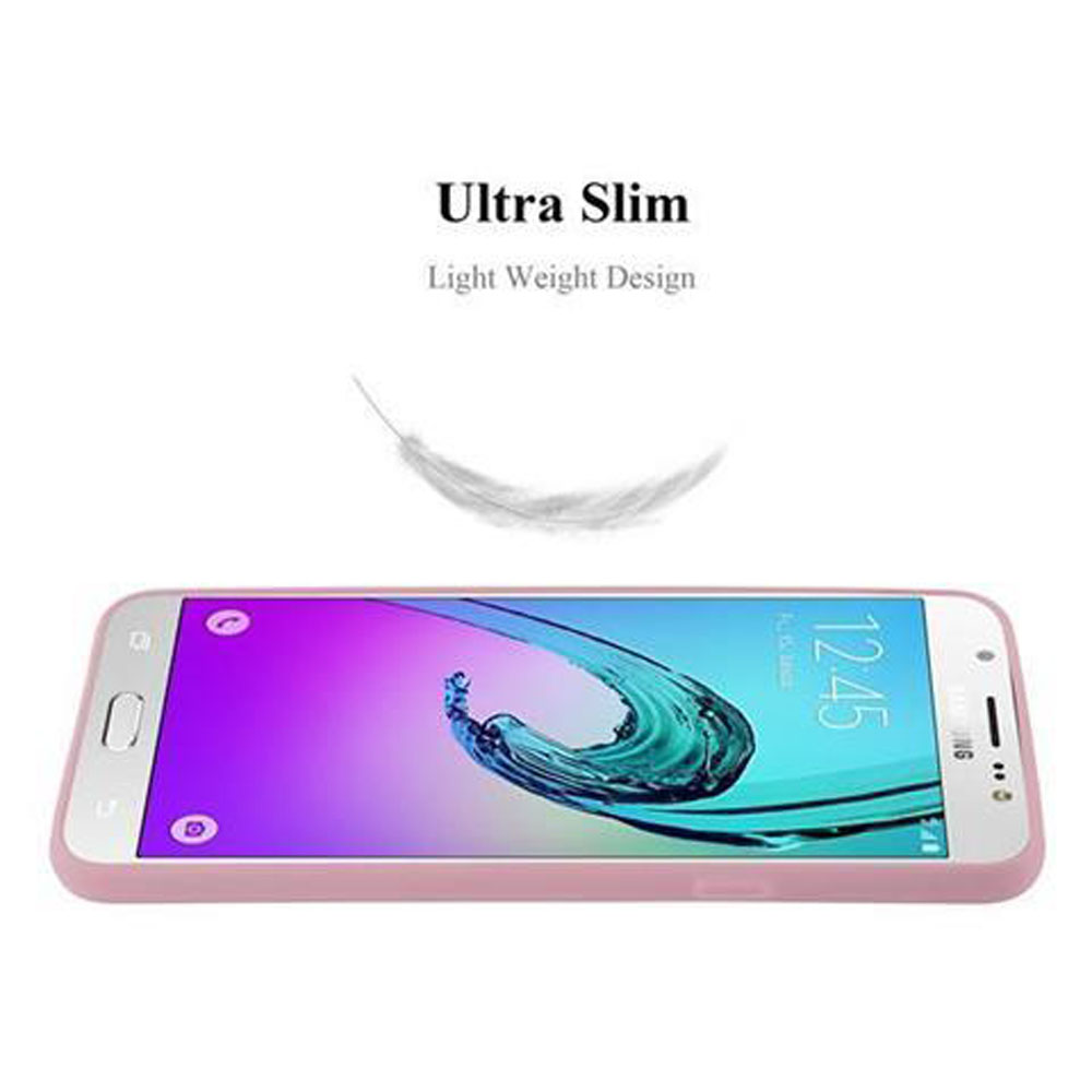 Un smartphone rosa con un gráfico de pluma estilizada y texto.