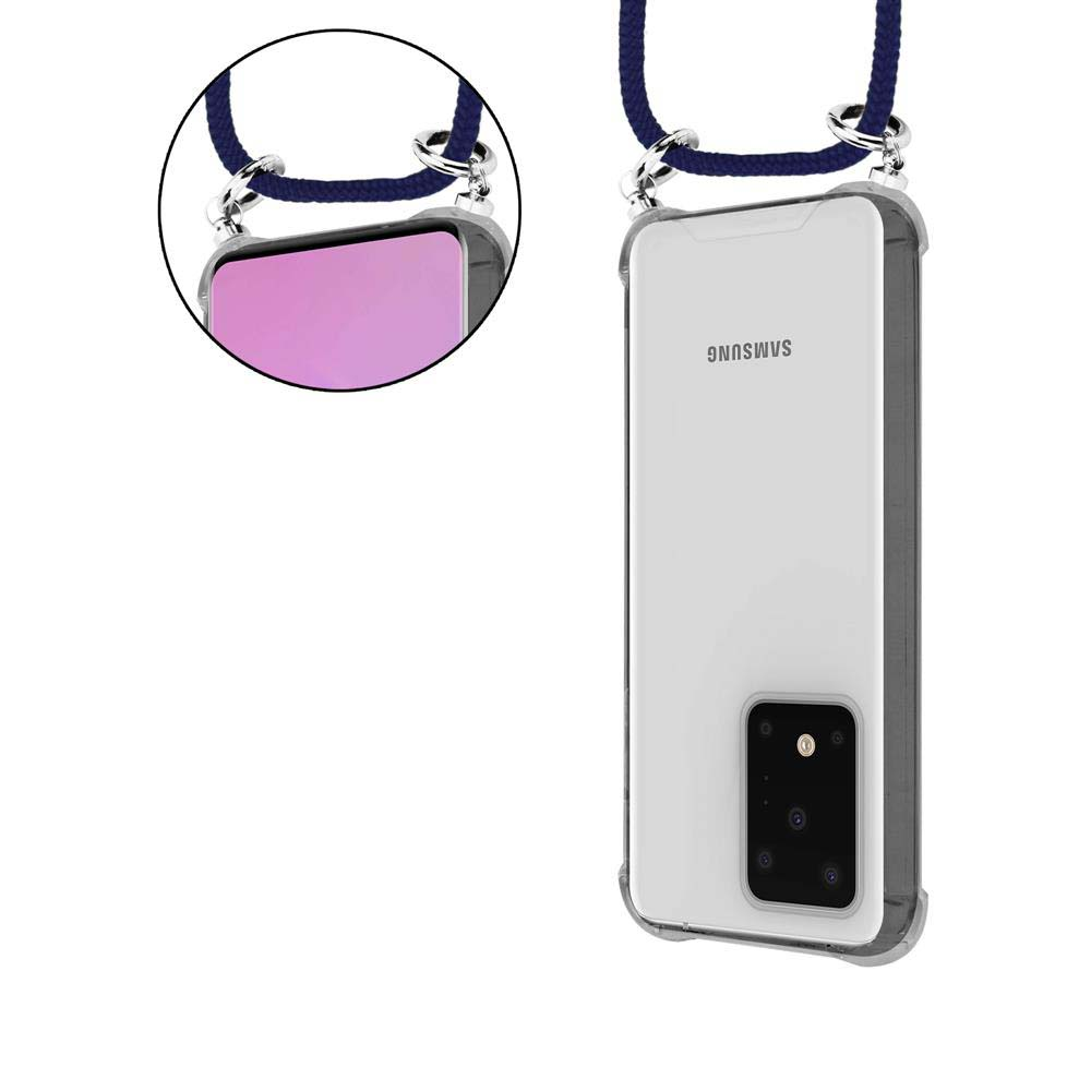 Un telefono Samsung in custodia trasparente con laccetto blu.