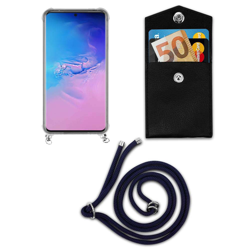Smartphone in custodia, portafoglio nero con banconota da 50 euro e carta, cordino.