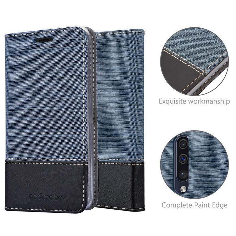 Custodia per telefono blu con finiture in pelle nera e cuciture.