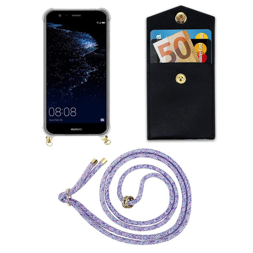 Uno smartphone in custodia, un portafoglio con soldi e carta, e un cordino.