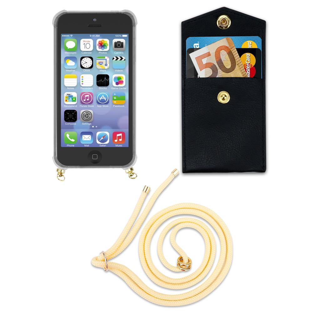 iPhone in custodia, portafoglio nero con soldi e carte, e cordino giallo.